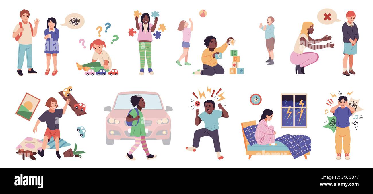 Autistische Kinder. Besondere Jungen und Mädchen, Hyperaktivität, Isolation, Liebe zu Puzzles, Kommunikationsprobleme, autistische Spektrumstörung. Kindisch Stock Vektor