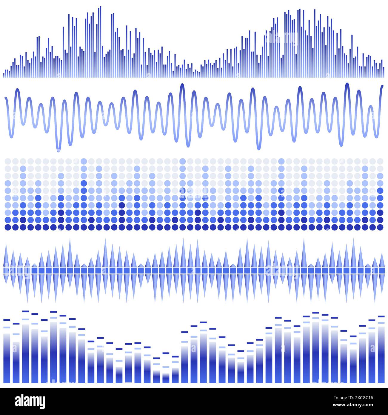 Vektorsatz blauer Schallwellen. Audio-Equalizer. Ton und Audiowellen isoliert auf weißem Hintergrund. Stock Vektor