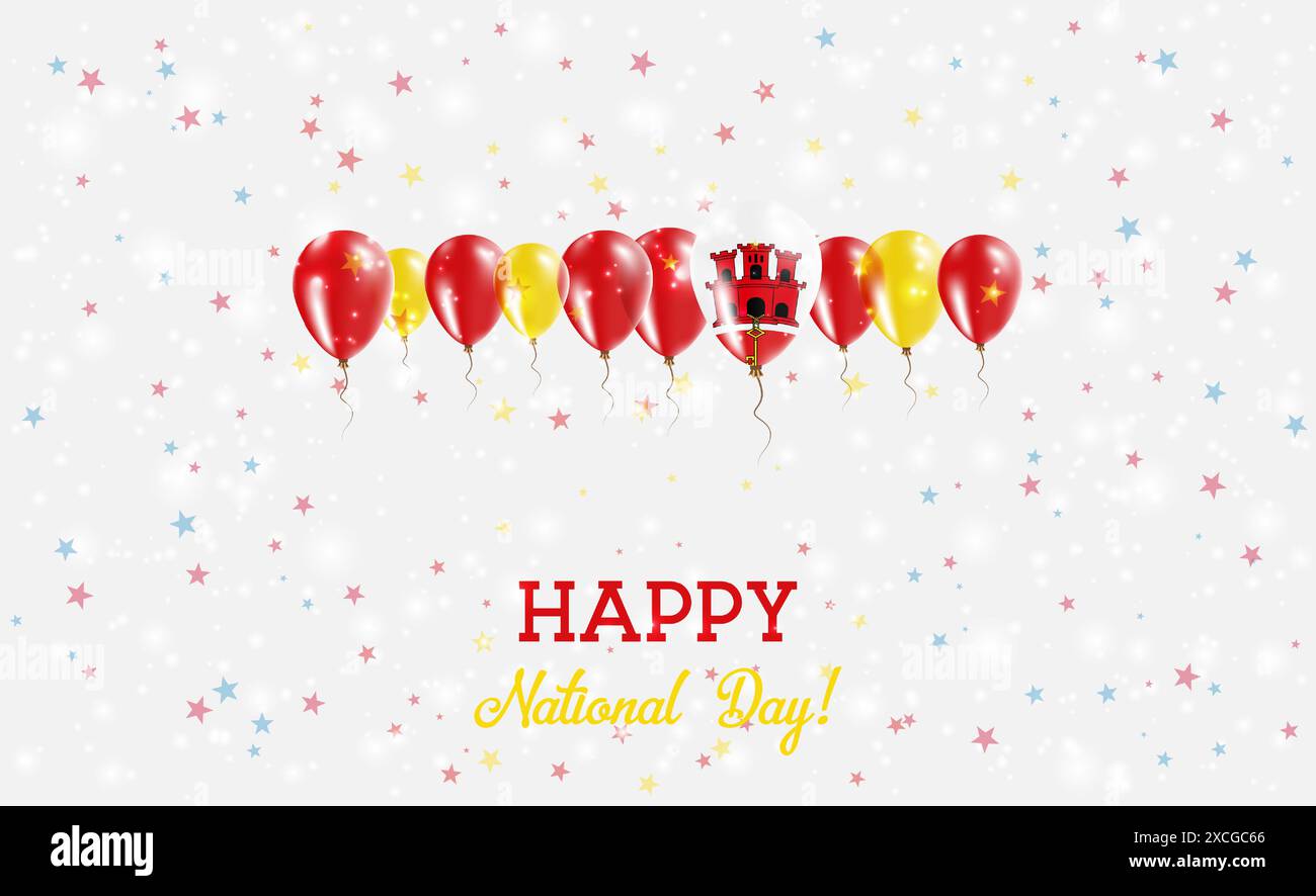 Gibraltar Unabhängigkeitstag – Funkelndes Patriotisches Poster. Reihe von Ballons in den Farben der Flagge von Gibraltar. Grußkarte mit Nationalflaggen, Konfetti und Stock Vektor