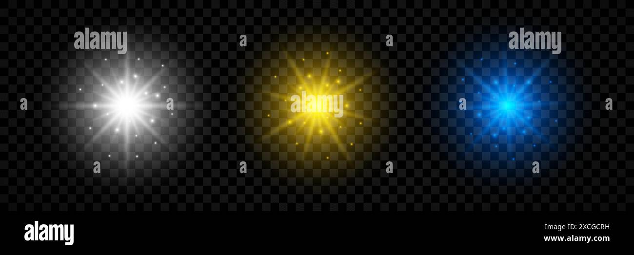 Lichteffekt von Linsenfackeln. Set aus drei weißen, gelben und blauen leuchtenden Lichtern Sterneneffekte mit Funkeln auf transparentem Hintergrund. Vektoril Stock Vektor