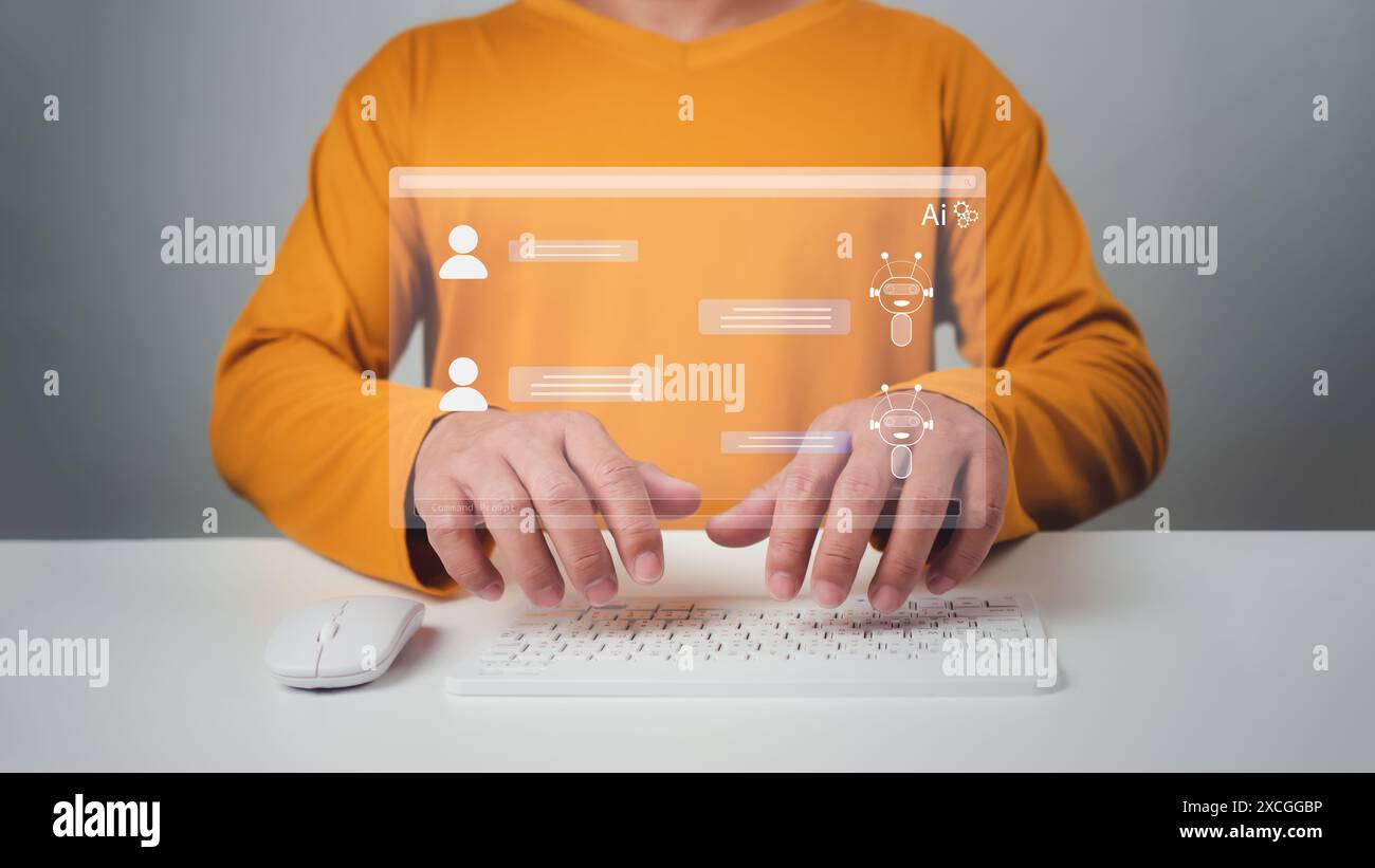 Ein Mann mit einem orangen Hemd, der mit einer intelligenten KI chattiert, indem er einen von OpenAI entwickelten Chatbot mit künstlicher Intelligenz nutzt, Chat bot Concept, Artificial Intell Stockfoto