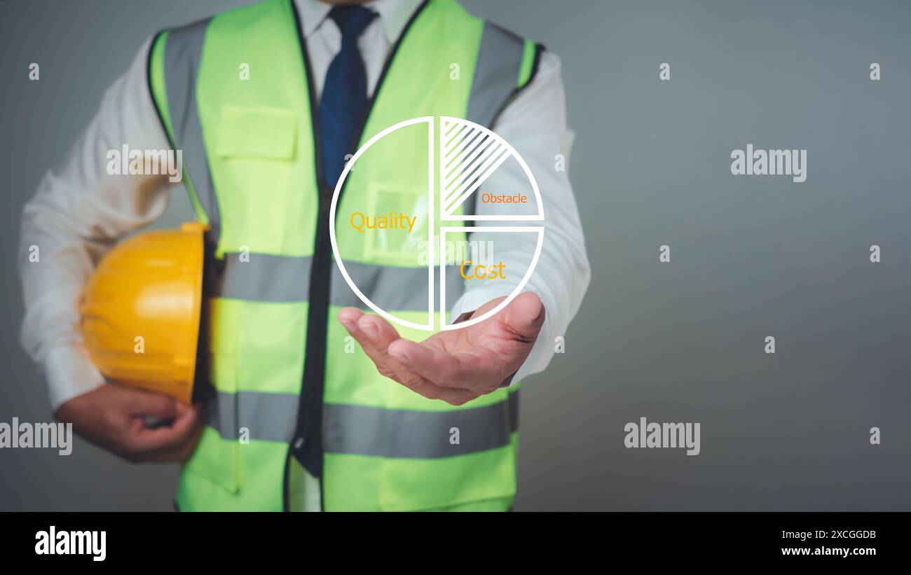 Bauplanung, Strukturberechnung, Baukostenplanung, Architekt oder Ingenieur, der mit Qualitätskontrolle und Kostensenkung arbeitet, Kosten Stockfoto