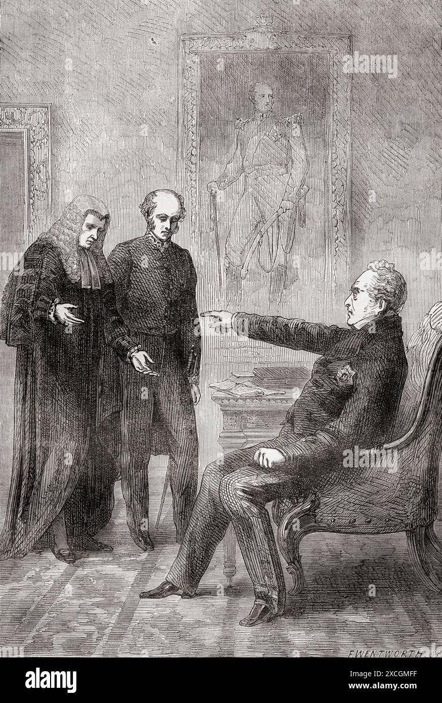 König Wilhelm IV. Traf Premierminister Earl Grey und Lord Brougham nach der Ablehnung des zweiten Reformgesetzes durch das Oberhaus im Oktober 1831. Wilhelm IV., 1765–1837. König des Vereinigten Königreichs Großbritannien und Irland und König von Hannover vom 26. Juni 1830 bis 1837. Charles Grey, 2. Earl Grey, 1764–1845, alias Viscount Howick. Britischer Whig-Politiker und Premierminister des Vereinigten Königreichs. Henry Peter Brougham, 1. Baron Brougham und Vaux, 1778–1868. Britischer Staatsmann und Lord High Chancellor. Aus Cassells illustrierter Geschichte Englands. Stockfoto