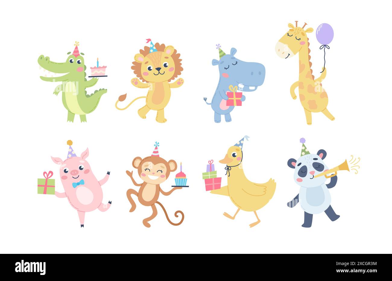 Niedliches Tierset für Kinder. Geburtstagsgrüße, Tiere mit Partykuchen und Hüten. Vektorabbildung Stock Vektor