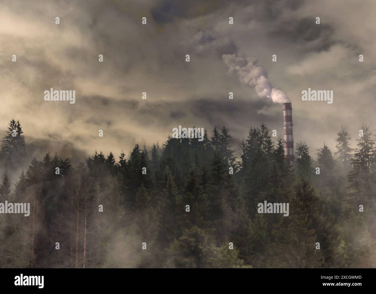 Konzept der globalen Erwärmung. Fabrikrohre verschmutzen die Luft in der Nähe von Wäldern Stockfoto