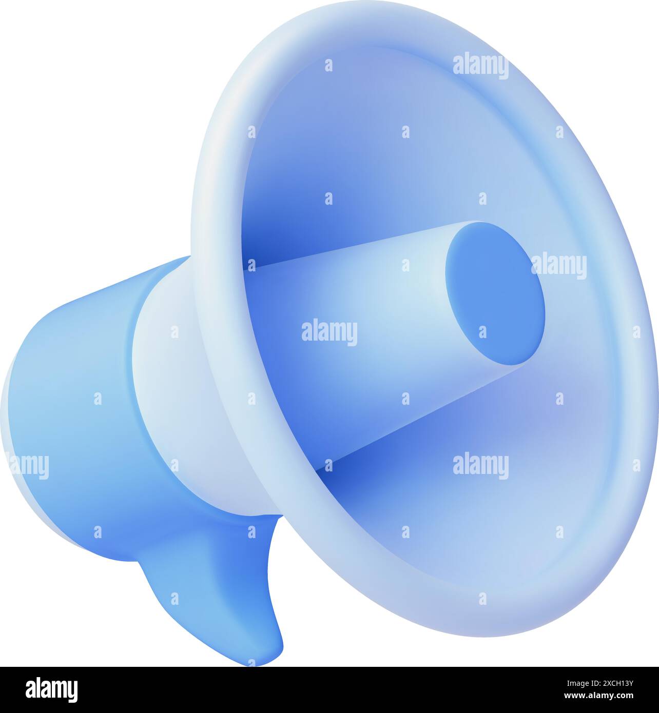 3D-Megaphon aus Kunststoff. Isoliertes realistisches Renderelement. Business, Nachrichten und Ankündigungen, Werbemarketing-Info-Ausrüstung. Blaues Vektorsymbol Stock Vektor