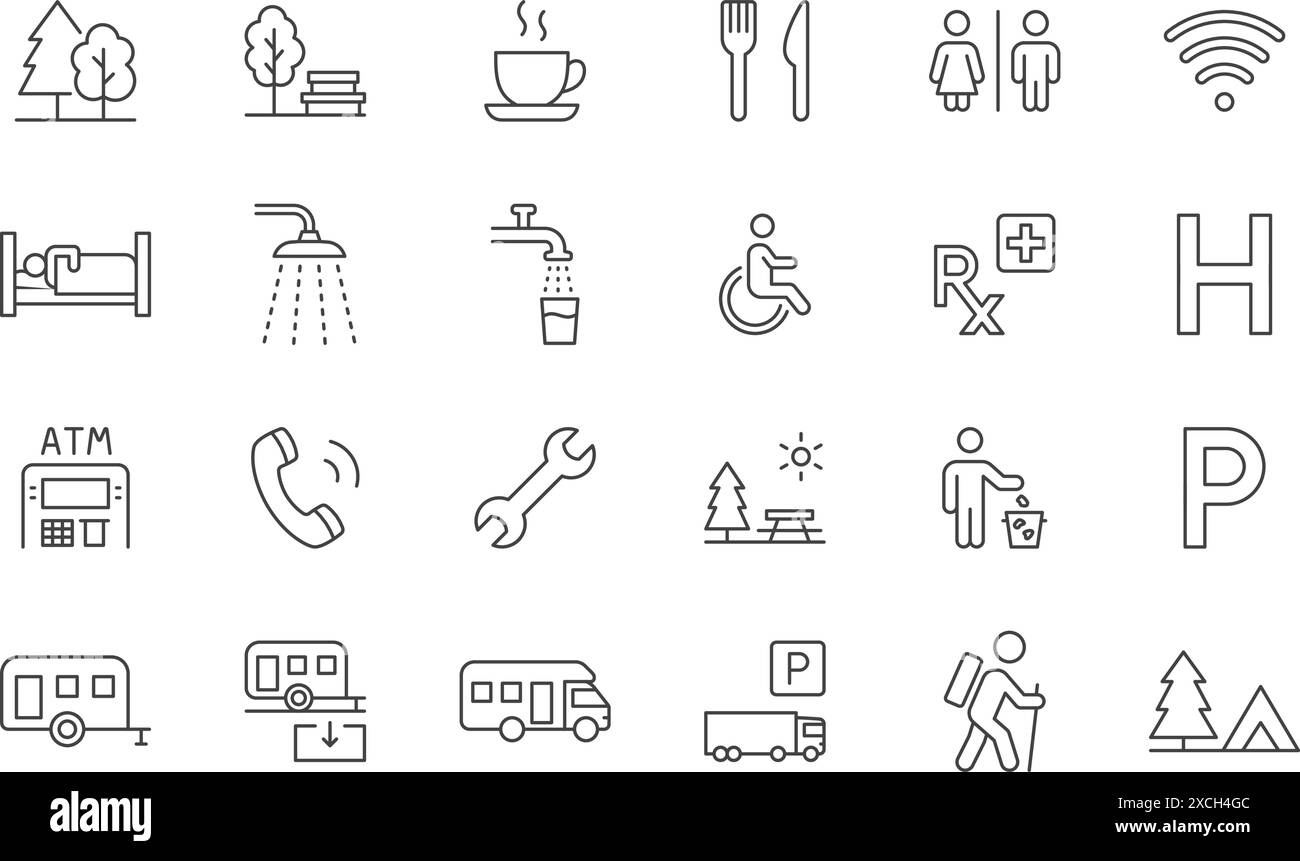 Zeichensymbole für Campingstraßen. Wohnwagenpark, Wohnmobil-Abwasserkippe, Wanderweg, Grünzone, Unterkunft, Picknickbereich Umrissvektor-Illustration Stock Vektor