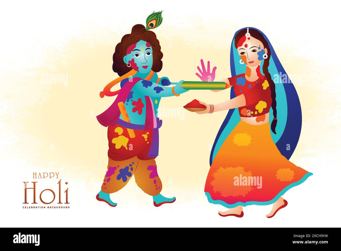 Holi Grüße mit fröhlichem krishna und radha spielen mit Farben Illustrationshintergrund Stock Vektor