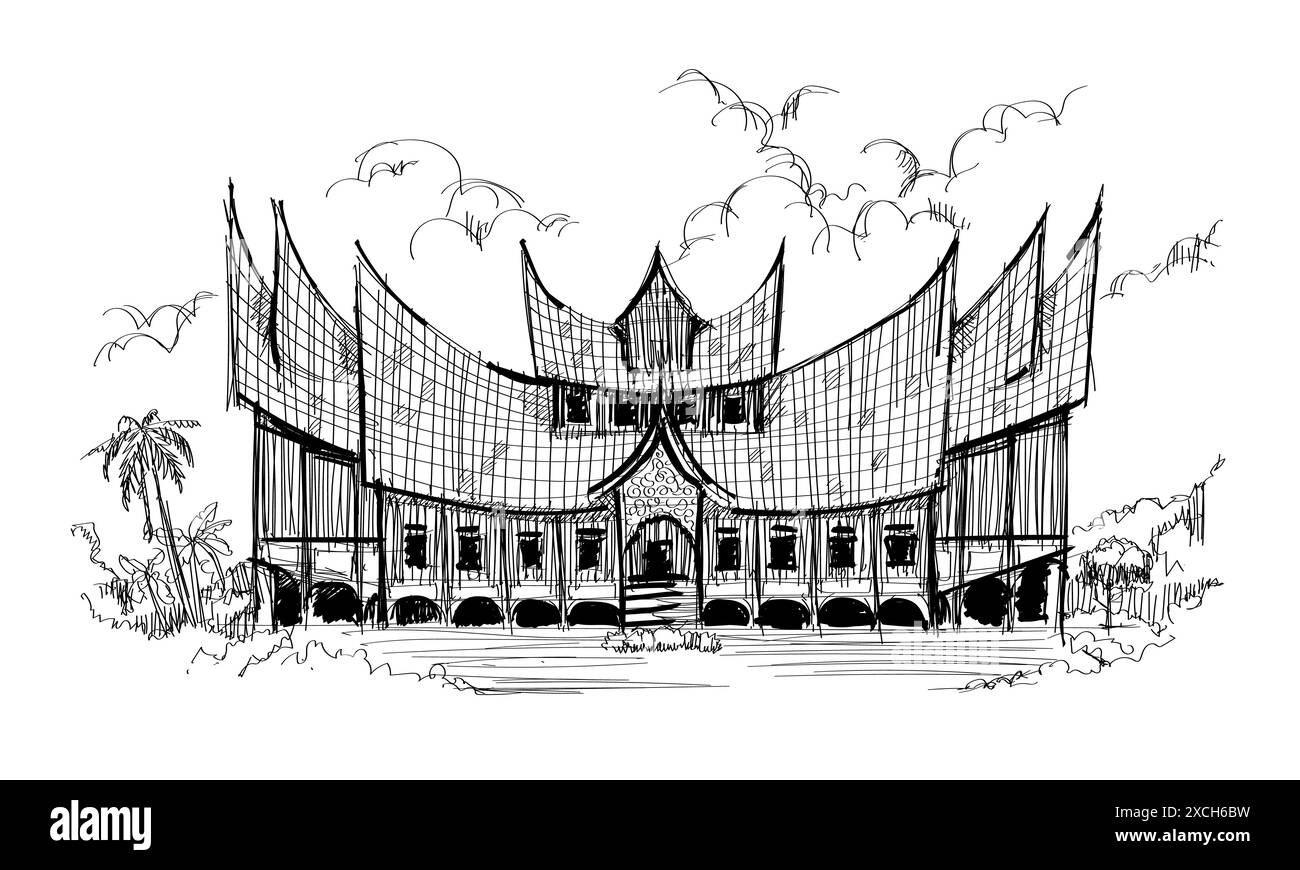 Rumah Gadang Minang padang handgezeichnet schwarz-weiß handgezeichnet Illustration minangkabau traditionelle Haus Pflanze Szene Stock Vektor