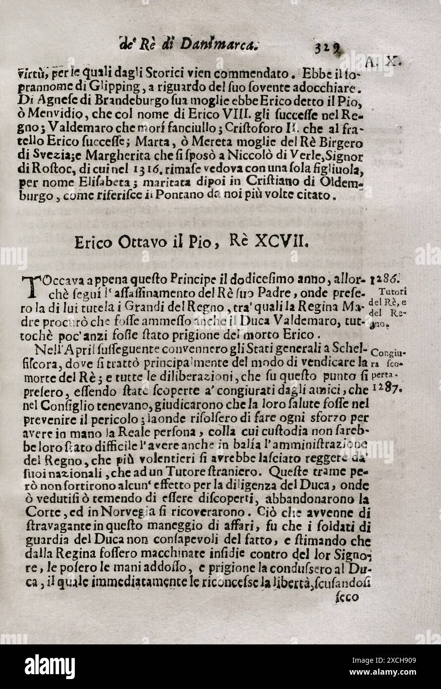 "Mappamondo Istorico". Band V. Teil III. Das Leben der Könige von Dänemark und Norwegen vom Beginn der Monarchie bis 1705. Könige von Dänemark. Von Pater Antonio Foresti (1625–1692), von der Gesellschaft Jesu. Parma, 1710. Autor: Antonio Foresti (1625-1692). Italienischer Jesuit und Historiker. Stockfoto