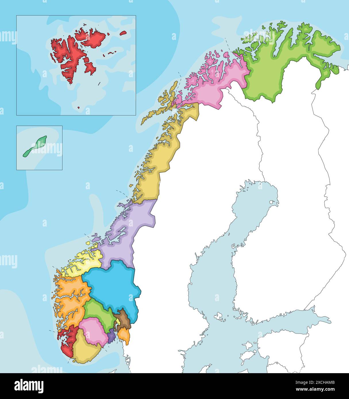 Vektor-illustrierte leere regionale Karte von Norwegen mit Grafschaften und Gebieten sowie Nachbarländern. Bearbeitbare und klar beschriftete Ebenen. Stock Vektor