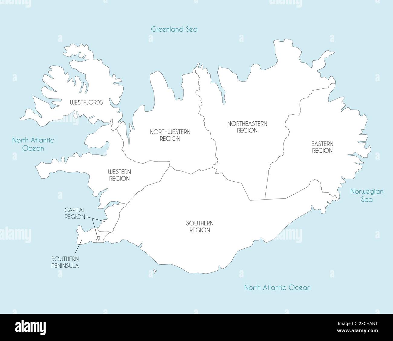 Vektorkarte Islands mit Regionen und Verwaltungsbereichen. Bearbeitbare und klar beschriftete Ebenen. Stock Vektor