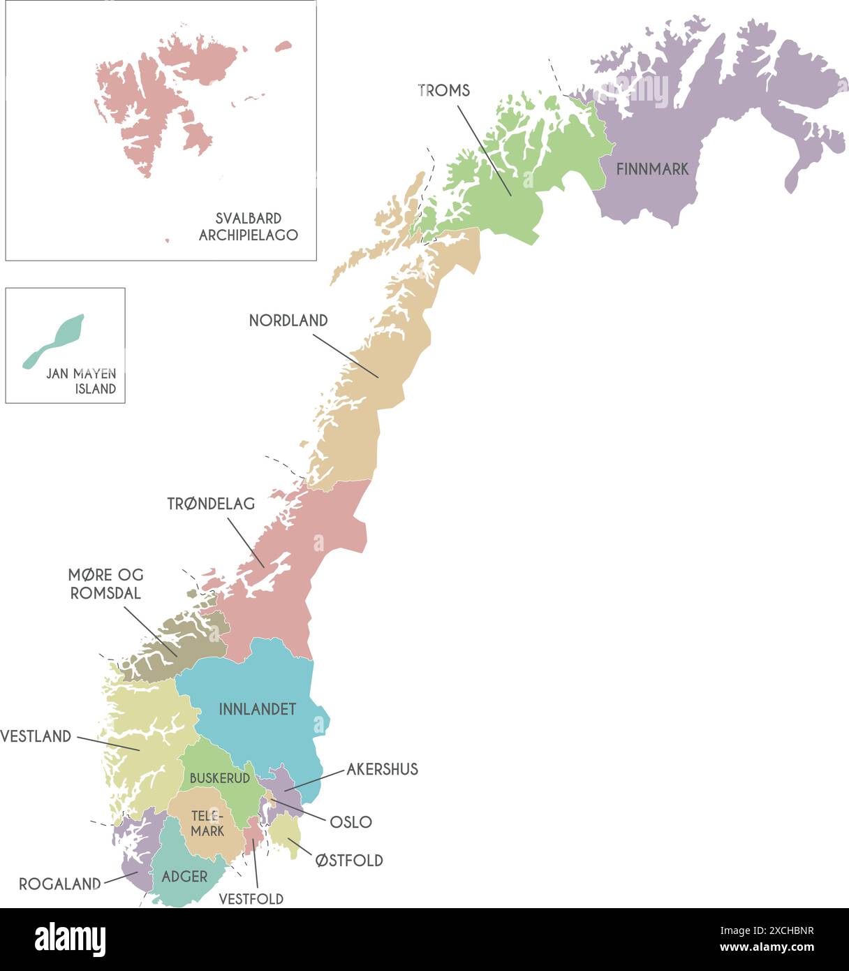 Vektor-Regionalkarte von Norwegen mit Grafschaften und Gebieten sowie Verwaltungseinheiten. Bearbeitbare und klar beschriftete Ebenen. Stock Vektor