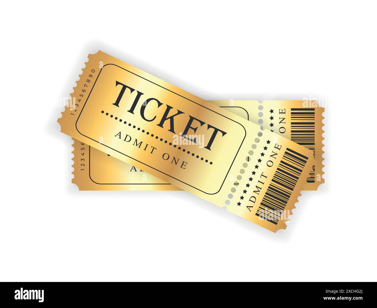 Abstrakte Vorlage für goldene Tickets auf weißem Hintergrund. Festival, Kino, Theater, Konzert, Casino, Zirkus, Veranstaltung Goldene Tickets mit Barcode, Frontkampf Stock Vektor