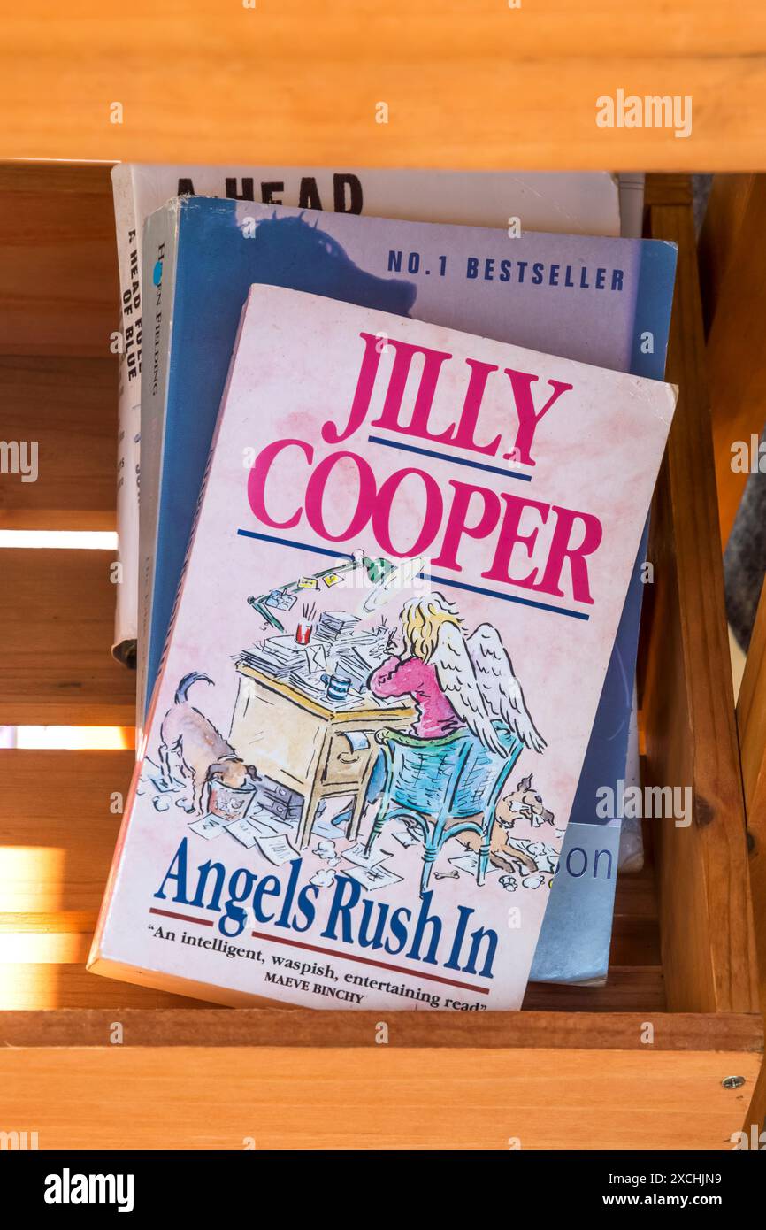 Ein Taschenbuch von Angels Rush in von Jilly Cooper. In einem Regal mit Büchern, die vor einem Second-Hand-Buchladen verkauft werden. Stockfoto