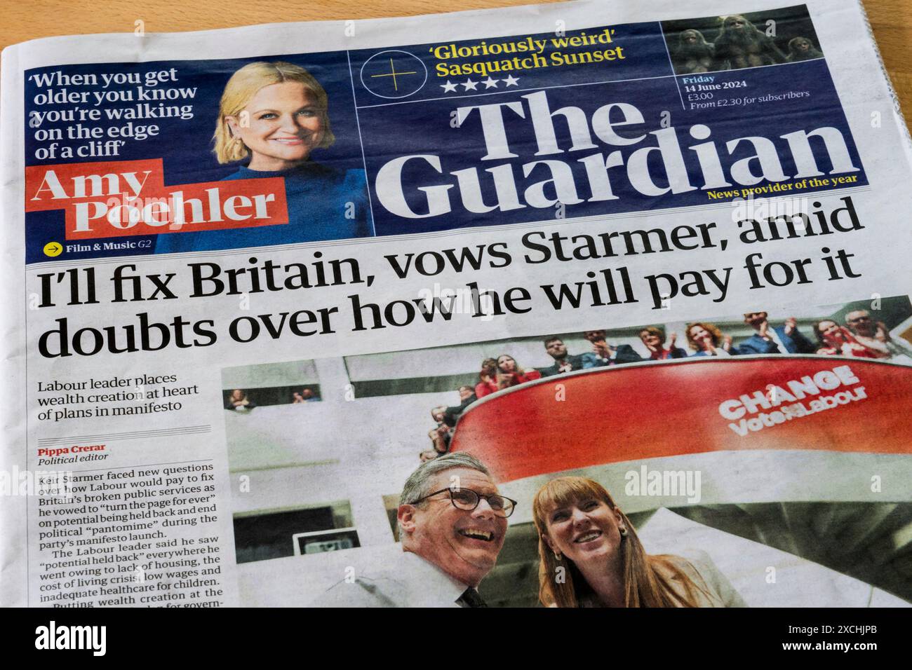 14. Juni 2024. Die Titelzeile des Guardian lautet: I'll Fix Britain, gelobt Starmer, in Zweifeln darüber, wie er dafür bezahlen wird. Stockfoto