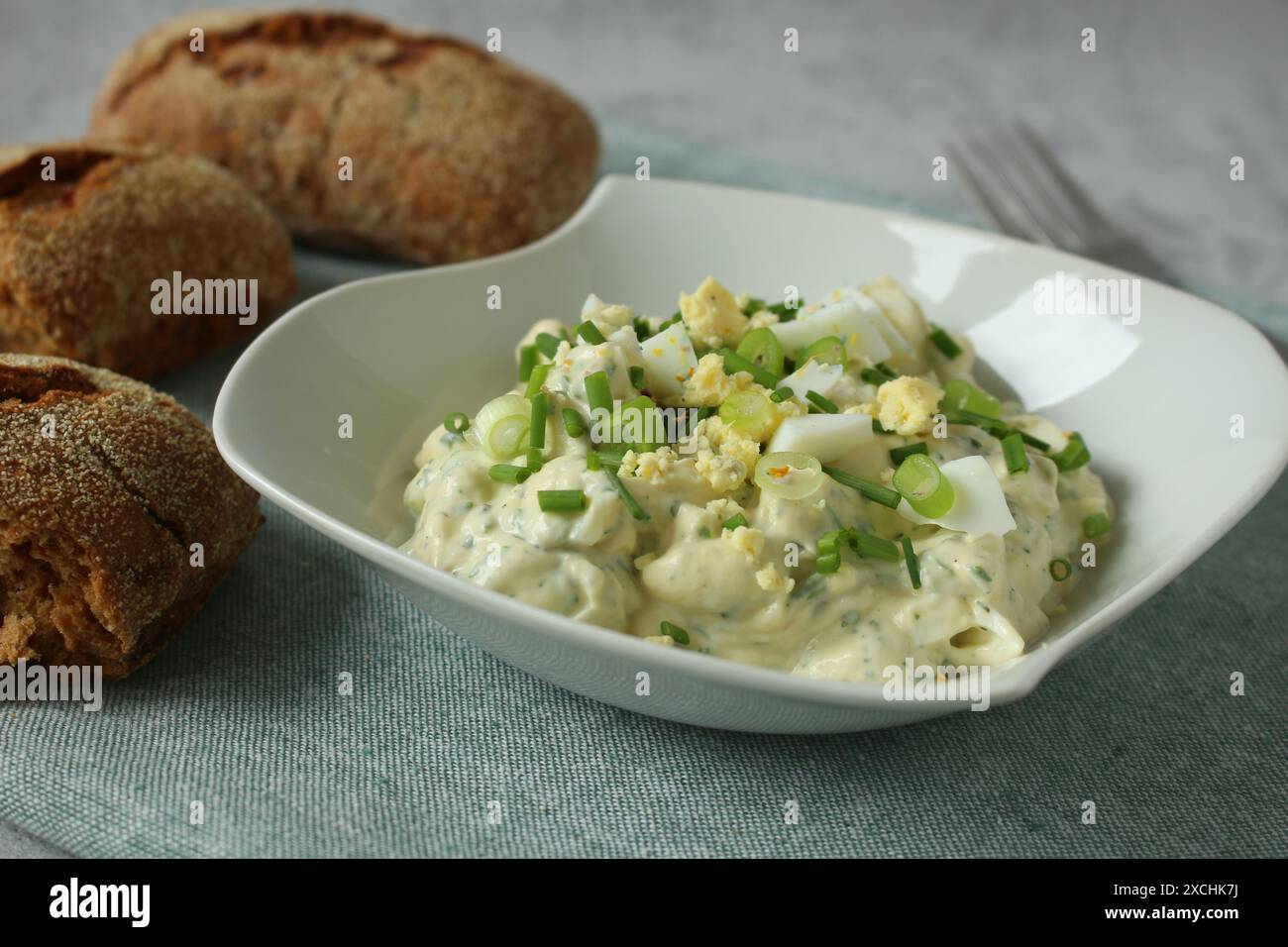 Hausgemachter Eiersalat mit grünen Zwiebeln und Kräutern Stockfoto