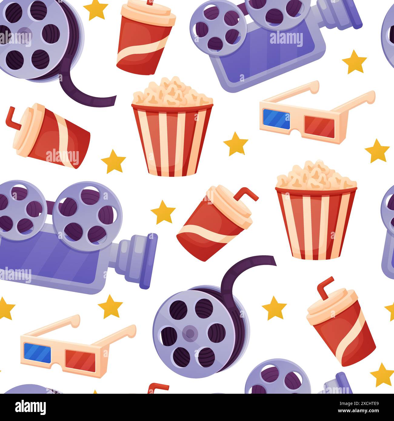 Nahtloses Kinomuster. Cartoon Kamera 3D Gläser und Popcorn, Trinkbecher zum Mitnehmen und Filmband. Film heutzutage Vektor-Print-Design Stock Vektor