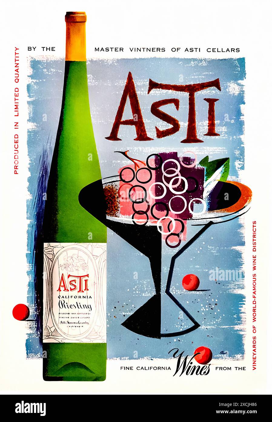 Asti California Riesling, um 1950 - Poster Mit Vintage-Druck Stockfoto