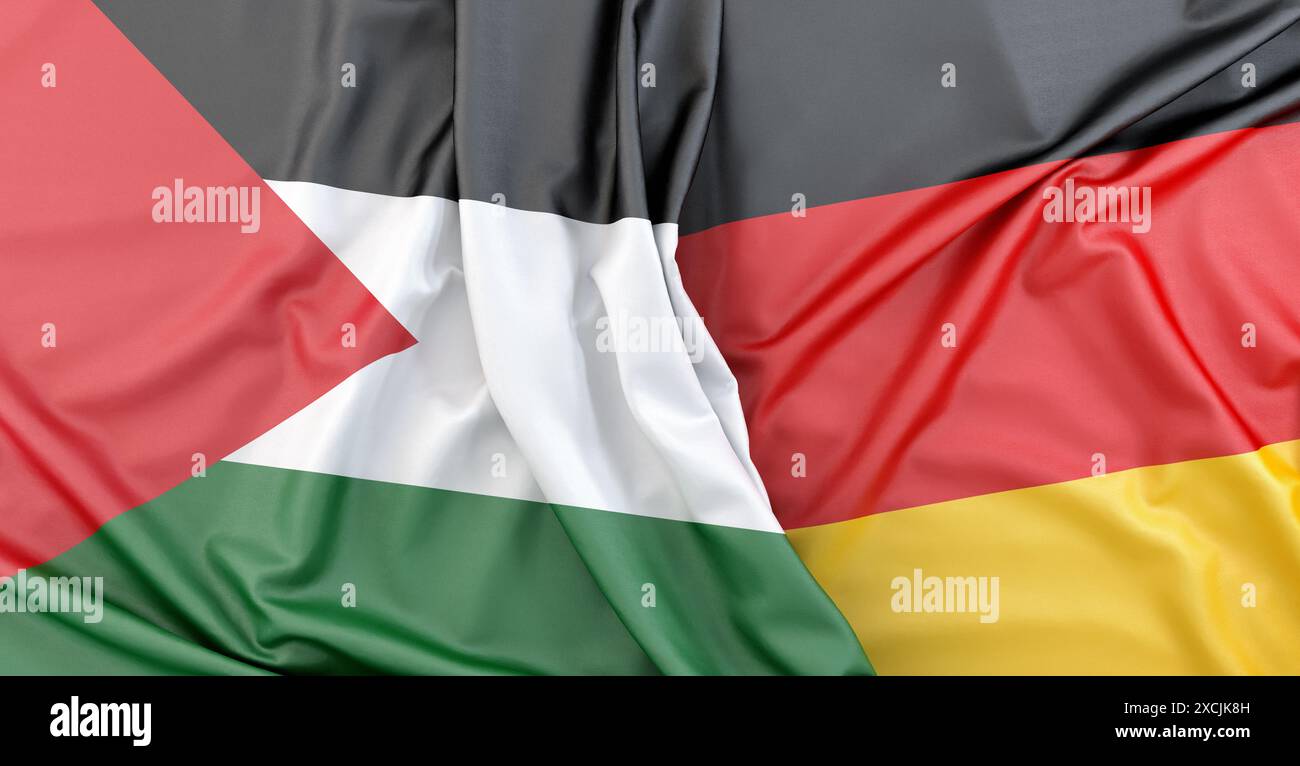 Die Textilflagge von Palästina und Deutschland liegt nebeneinander. 3D-Rendering Stockfoto