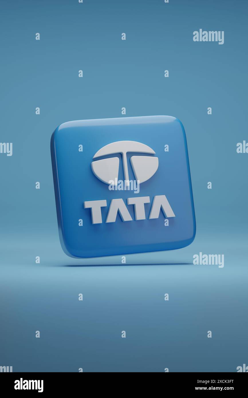 TATA Group Logotype isoliert auf blauem Hintergrund. 3D-Abbildung. Stockfoto