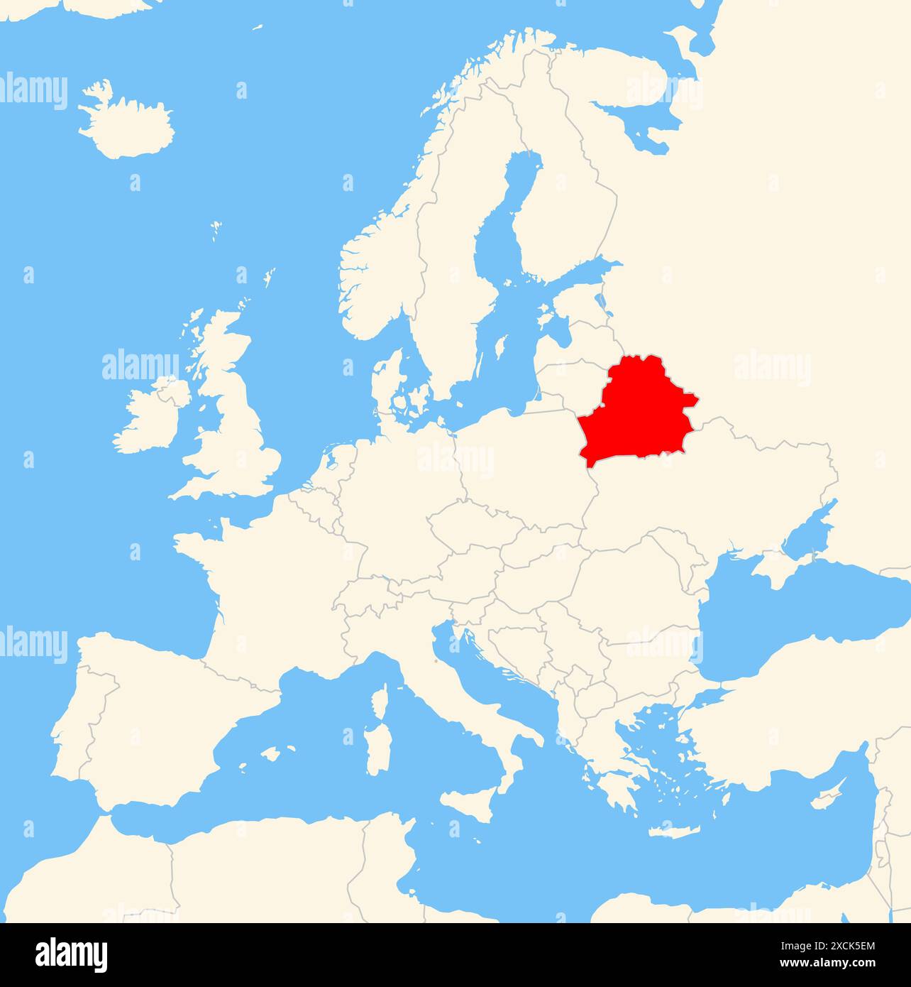 Locator-Karte, die den Standort des Landes Weißrussland in Europa zeigt. Das Land wird durch ein rotes Polygon hervorgehoben. Kleine Länder sind ebenfalls mit gekennzeichnet Stockfoto