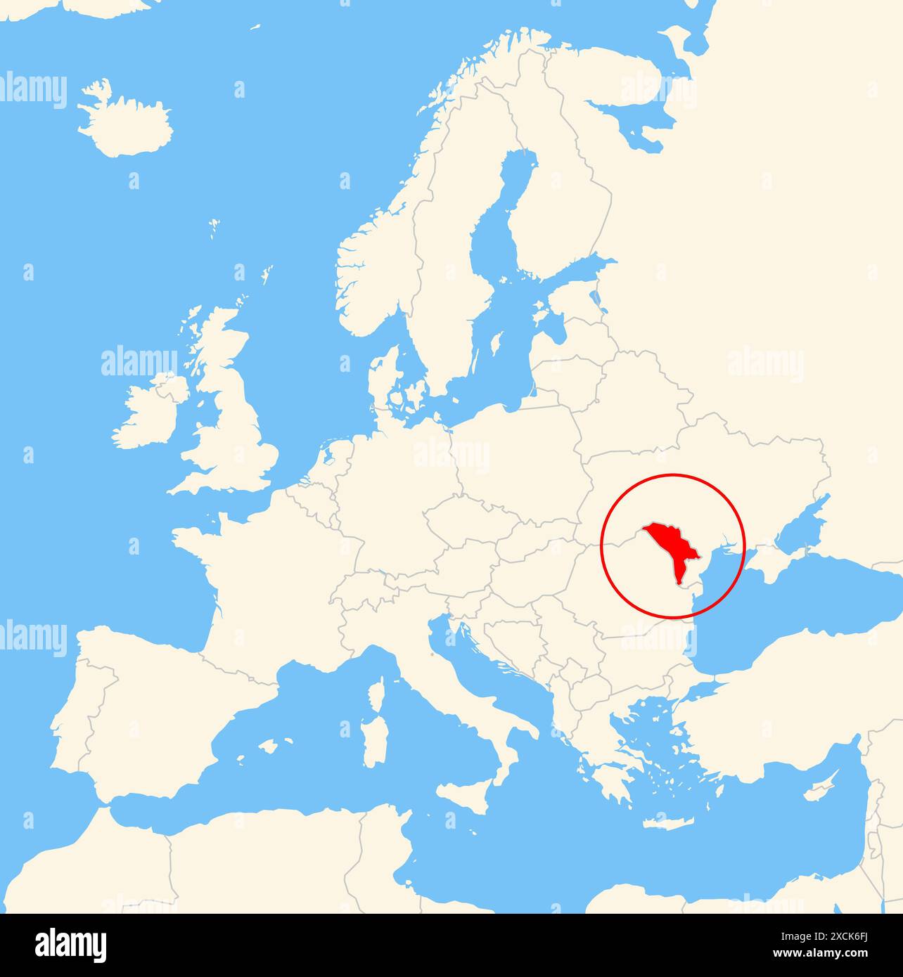 Locator-Karte, die den Standort des Landes Moldau in Europa zeigt. Das Land wird durch ein rotes Polygon hervorgehoben. Kleine Länder sind ebenfalls mit gekennzeichnet Stockfoto