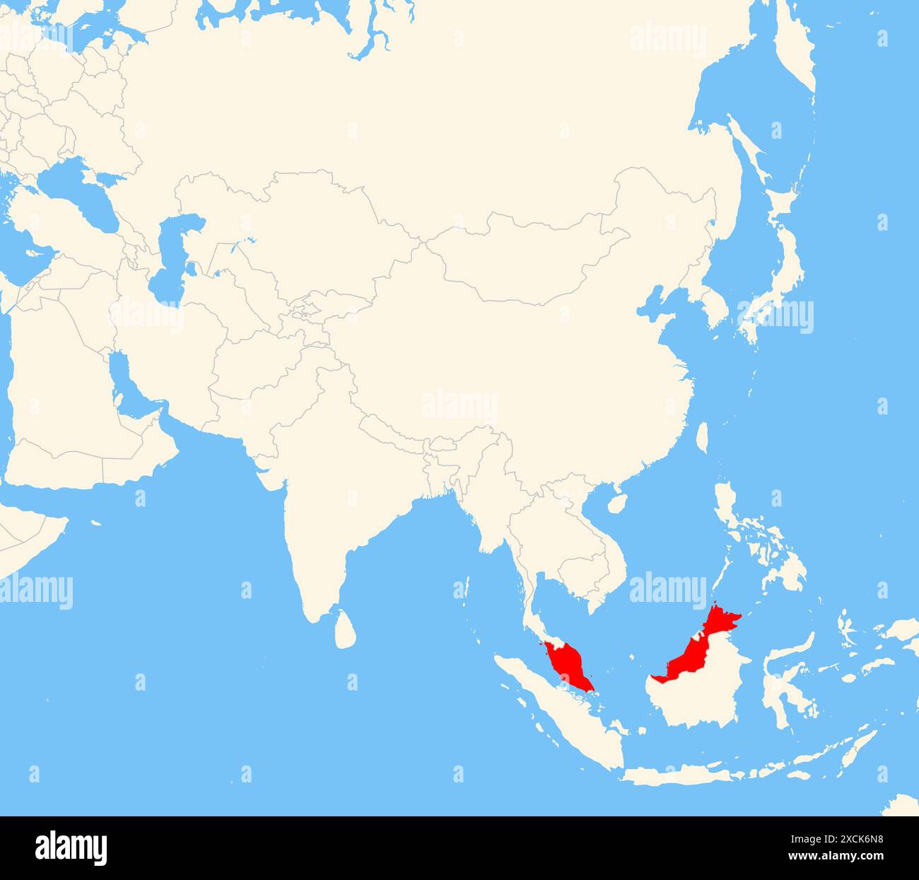 Locator-Karte mit dem Standort des Landes Malaysia in Asien. Das Land wird durch ein rotes Polygon hervorgehoben. Kleine Länder sind ebenfalls mit gekennzeichnet Stockfoto