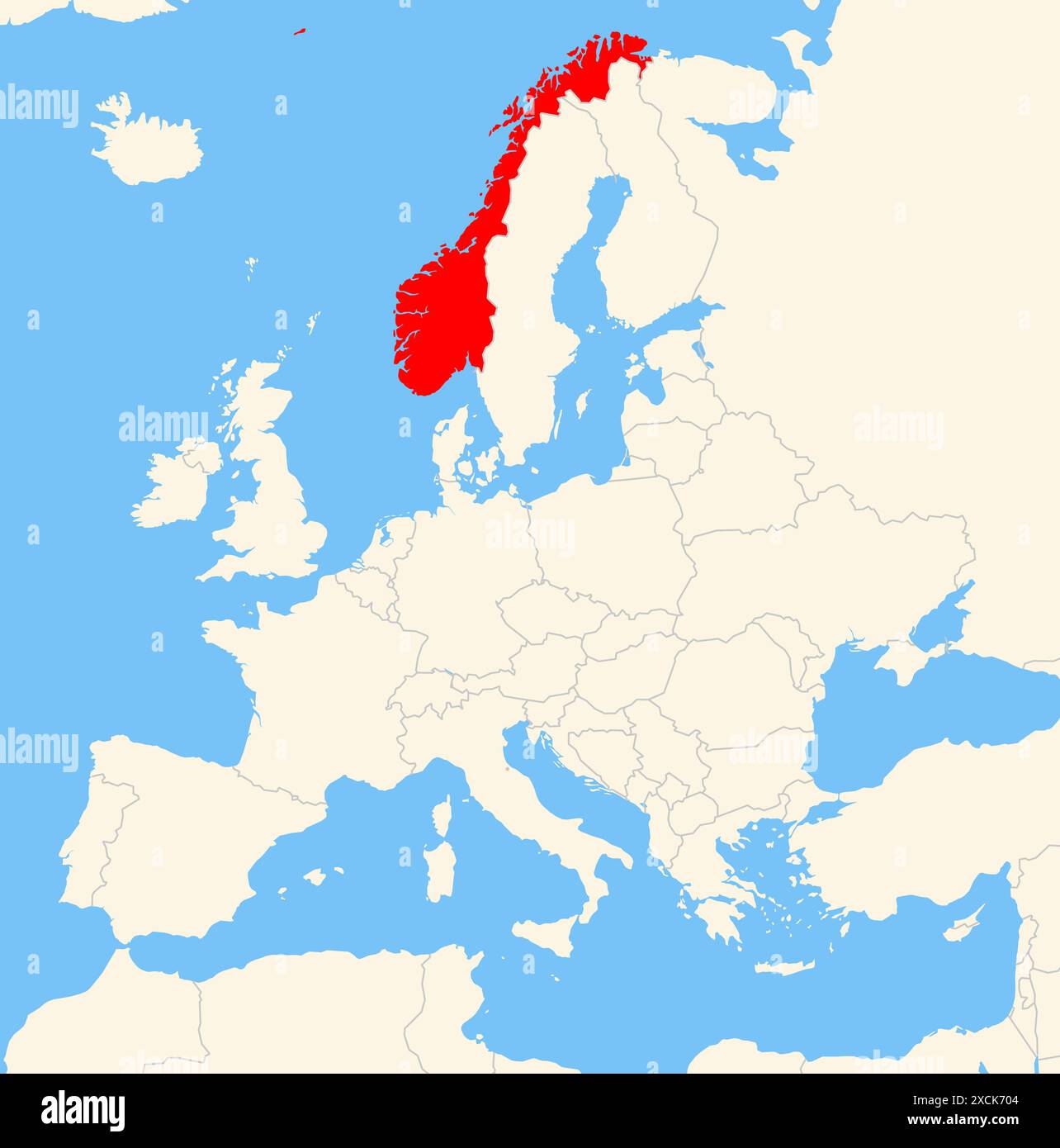 Locator-Karte, die den Standort des Landes Norwegen in Europa zeigt. Das Land wird durch ein rotes Polygon hervorgehoben. Kleine Länder sind ebenfalls mit gekennzeichnet Stockfoto