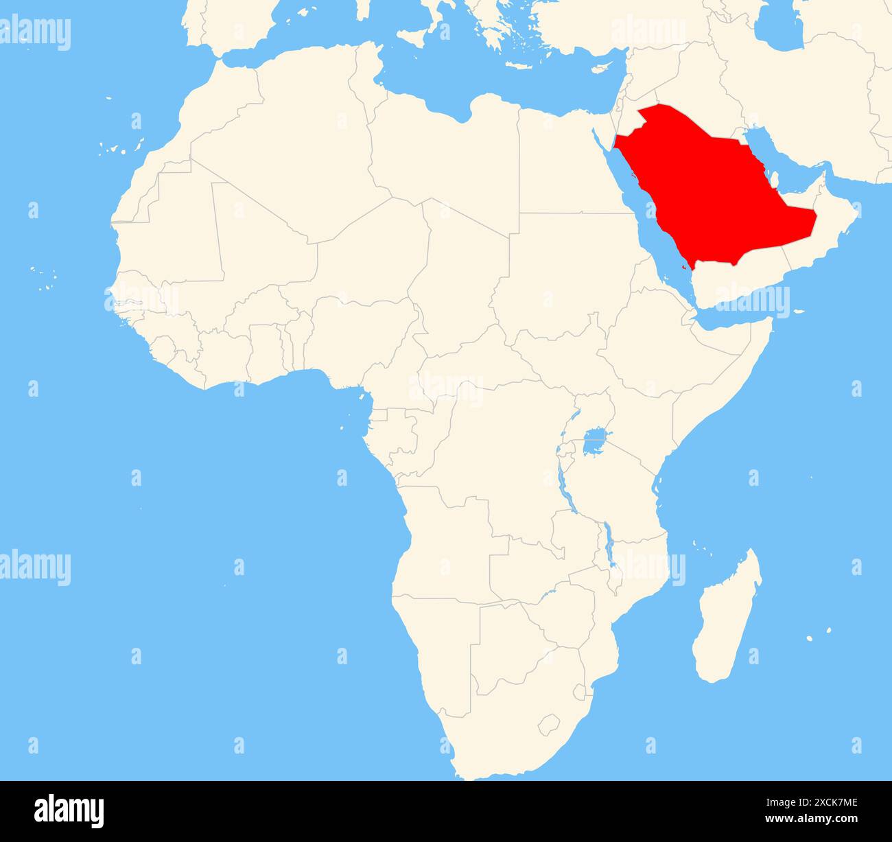Locator-Karte mit dem Standort des Landes Saudi-Arabien in Afrika. Das Land wird durch ein rotes Polygon hervorgehoben. Kleine Länder sind ebenfalls gekennzeichnet Stockfoto