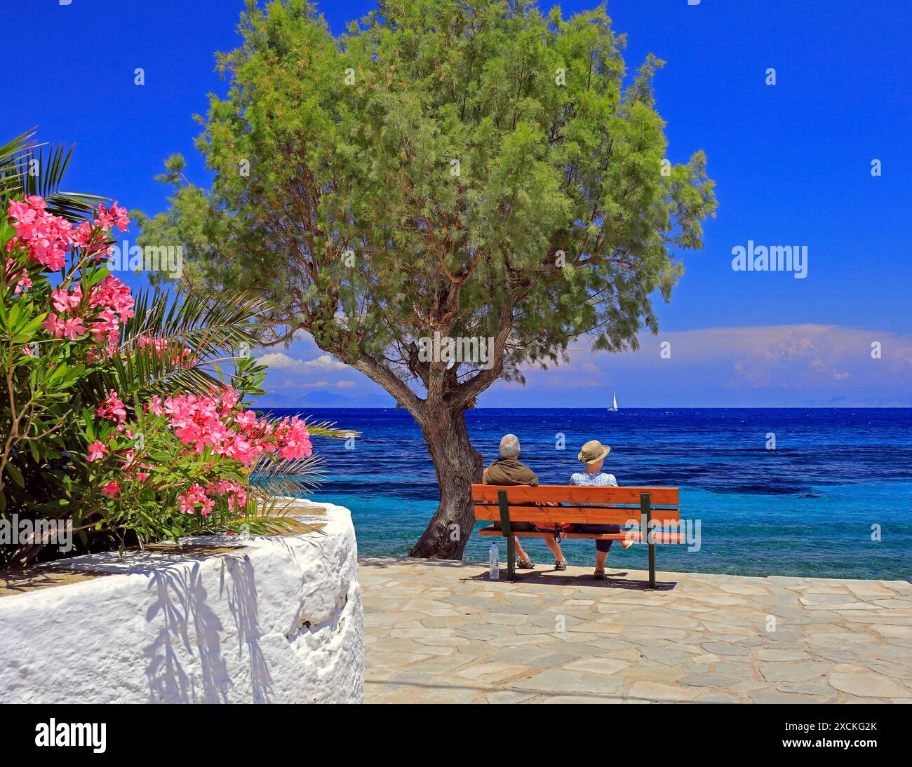 Pärchen saßen auf einer Bank unter einem Tamarisken mit Blick aufs Meer an einem schönen sonnigen Tag, Tilos griechische Insel, Dodekanese, Griechenland. Vom Mai 2024 Stockfoto