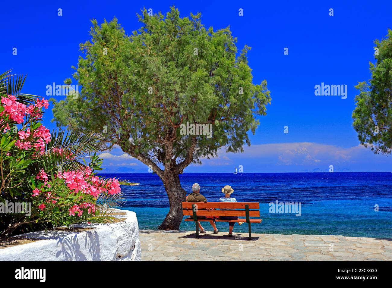 Pärchen saßen auf einer Bank unter einem Tamarisken mit Blick aufs Meer an einem schönen sonnigen Tag, Tilos griechische Insel, Dodekanese, Griechenland. Vom Mai 2024 Stockfoto