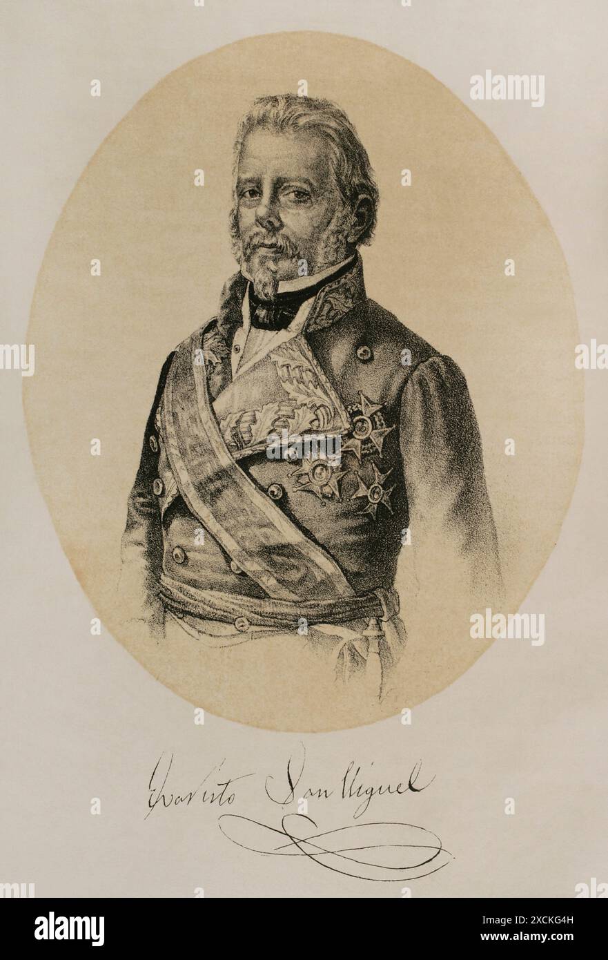 Evaristo San Miguel (Evaristo Fernández de San Miguel y Valledor) (1785-1862). Spanischer Offizier und Politiker. Herzog von San Miguel. Hochformat. Lithographie. Historia de la guerra Civil y de los partidos liberal y carlista (Geschichte des Bürgerkriegs und der liberalen und karlistischen Parteien), von Antonio Pirala. Band III. Madrid, 1869. Stockfoto