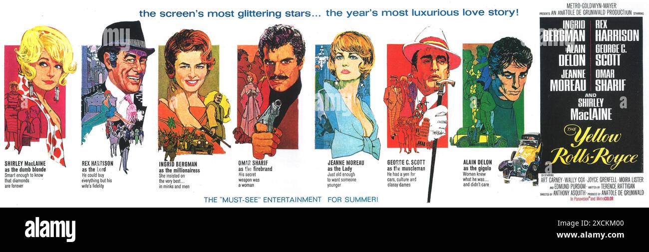 1964 das gelbe Rolls-Royce-Filmplakat, Regie: Anthony Asquith, mit Ingrid Bergman, Alain Delon, Jeanne Moreau Stockfoto