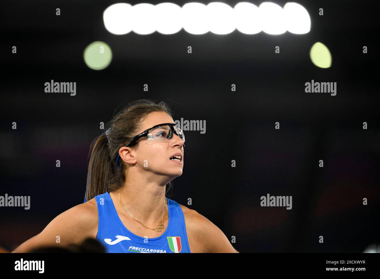 Irene Siragusa aus Italien reagiert, nachdem sie am 10. Juni 2024 im Halbfinale der Frauen über 200 m bei den Leichtathletik-Europameisterschaften im Olimpico-Stadion in Rom (Italien) teilgenommen hatte. Irene Siragusa belegte den fünften Platz. Stockfoto