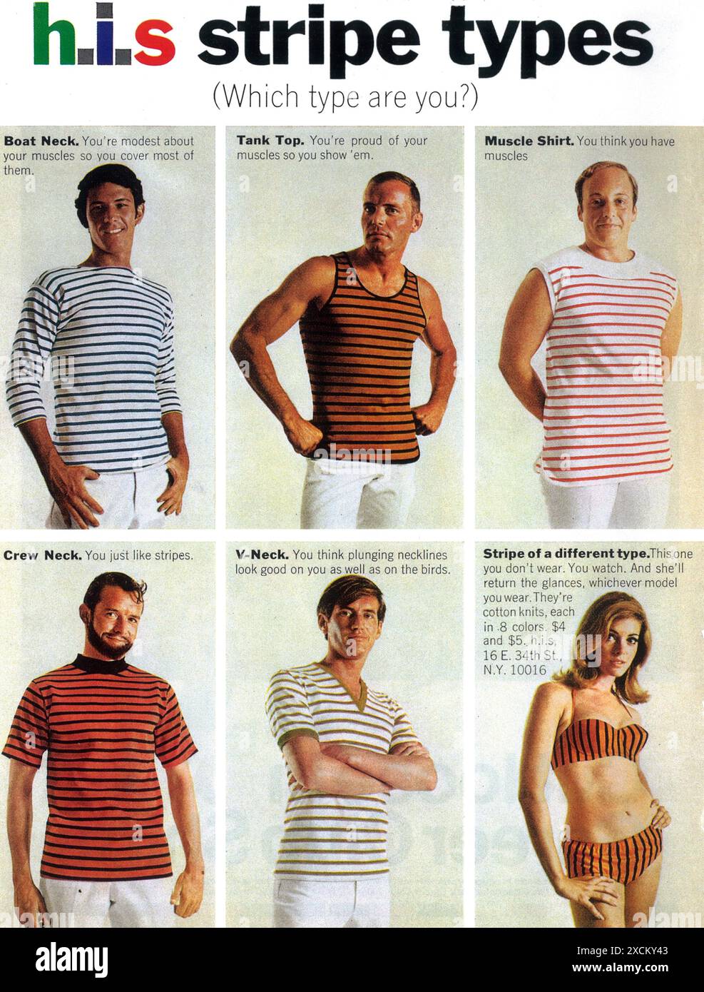 1967 h.i.s Bekleidungswerbung - Bikini Badeanzug Mädchen-BH-Panty-Streifen Stockfoto