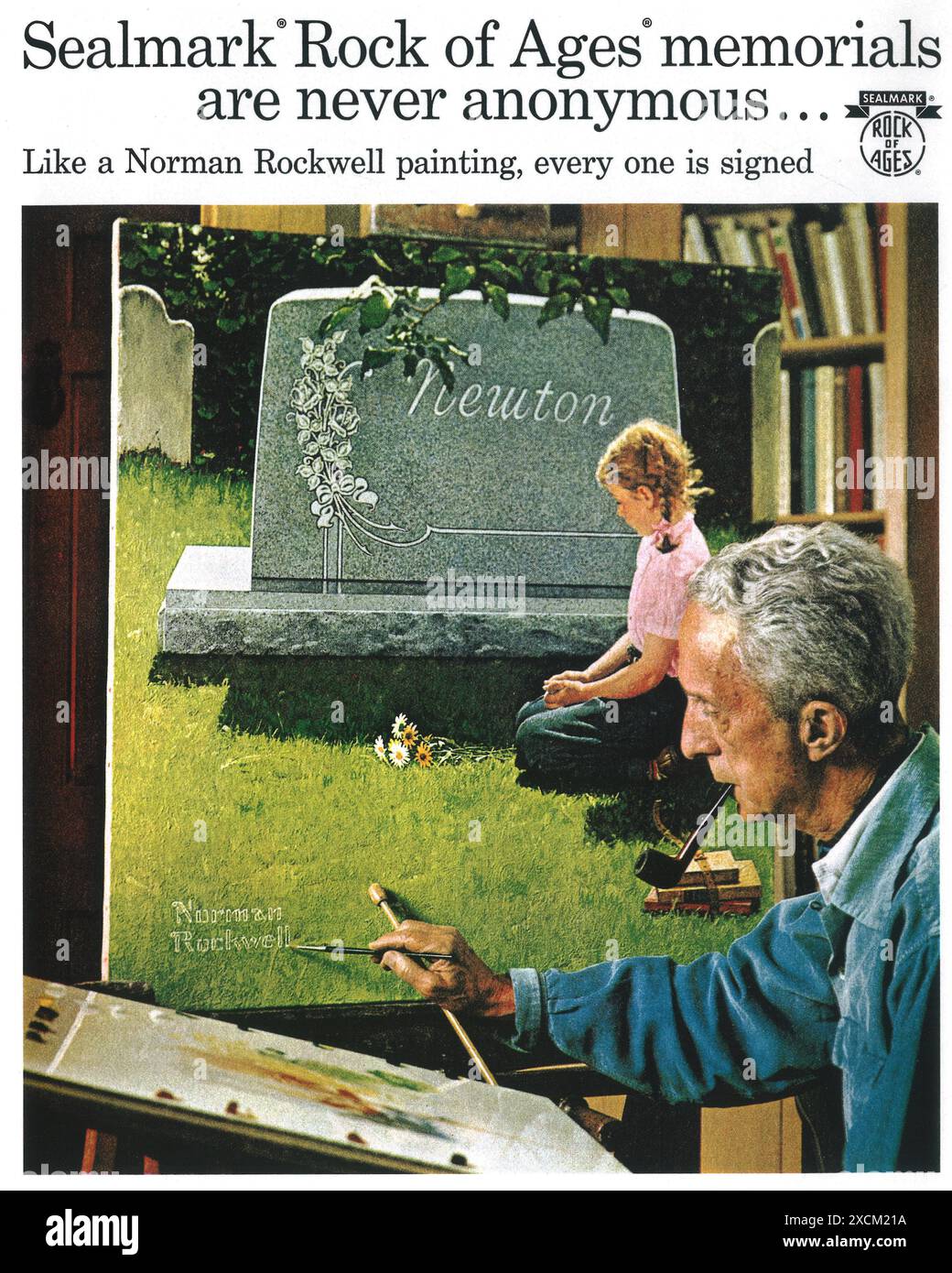 1966 Werbespot für Sealmark Rock of Ages Memorials mit Kunstwerken von Norman Rockwell Stockfoto