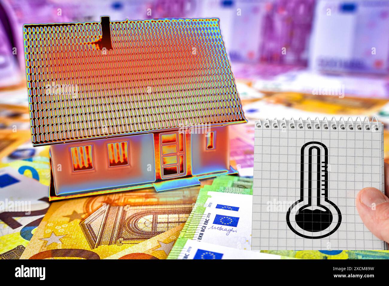 Deutschland - 17. Juni 2024: Wärmebild eines Hauses oder Wohngebäudes. Daneben eine Notiz mit dem Symbol: Thermometer. Konzept Wärmeverlust durch schlechte Isolierung im Haushalt. FOTOMONTAGE *** Wärmebild von einem Haus, bzw. Von einem Wohn-Gebäude. Daneben ein Zettel mit Symbol: Thermometer. Konzept Wärmeverlust durch schlechte Isolierung und Dämmung in der Wohnung. FOTOMONTAGE Stockfoto
