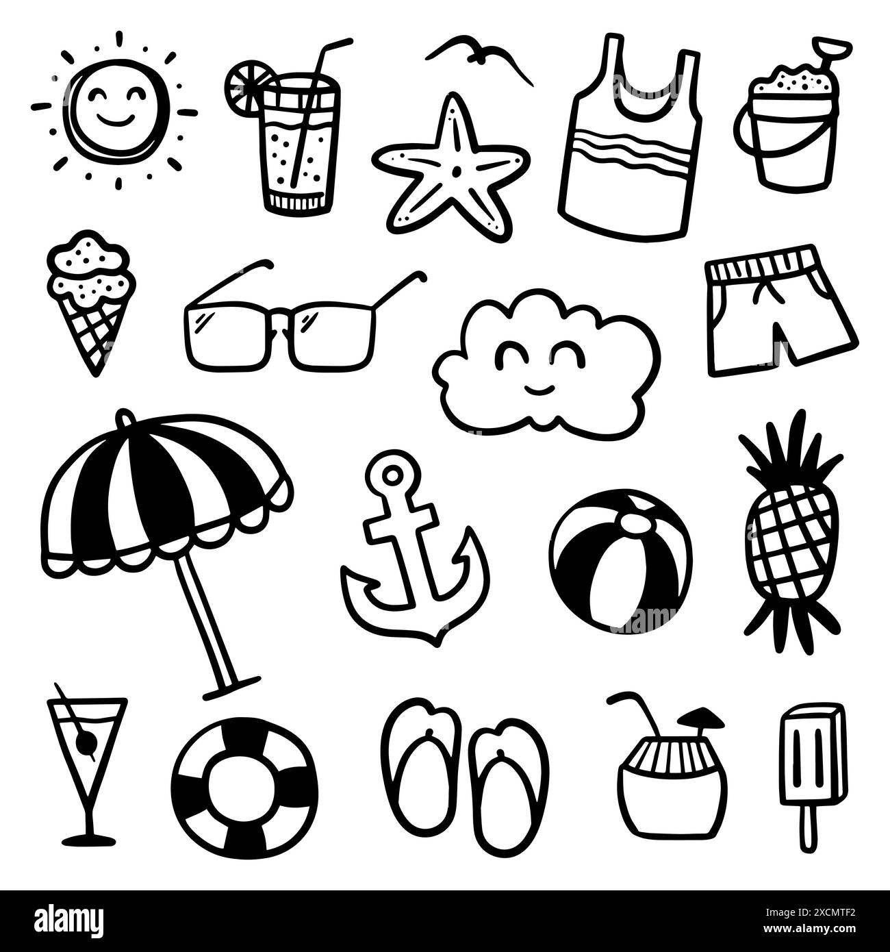 Handgezeichnetes Sommermotiv. Dünne schwarze Linie abstrakte Doodle Strand Urlaub Werkzeuge in mehreren Sammlung in Vektor Illustration Stock Vektor