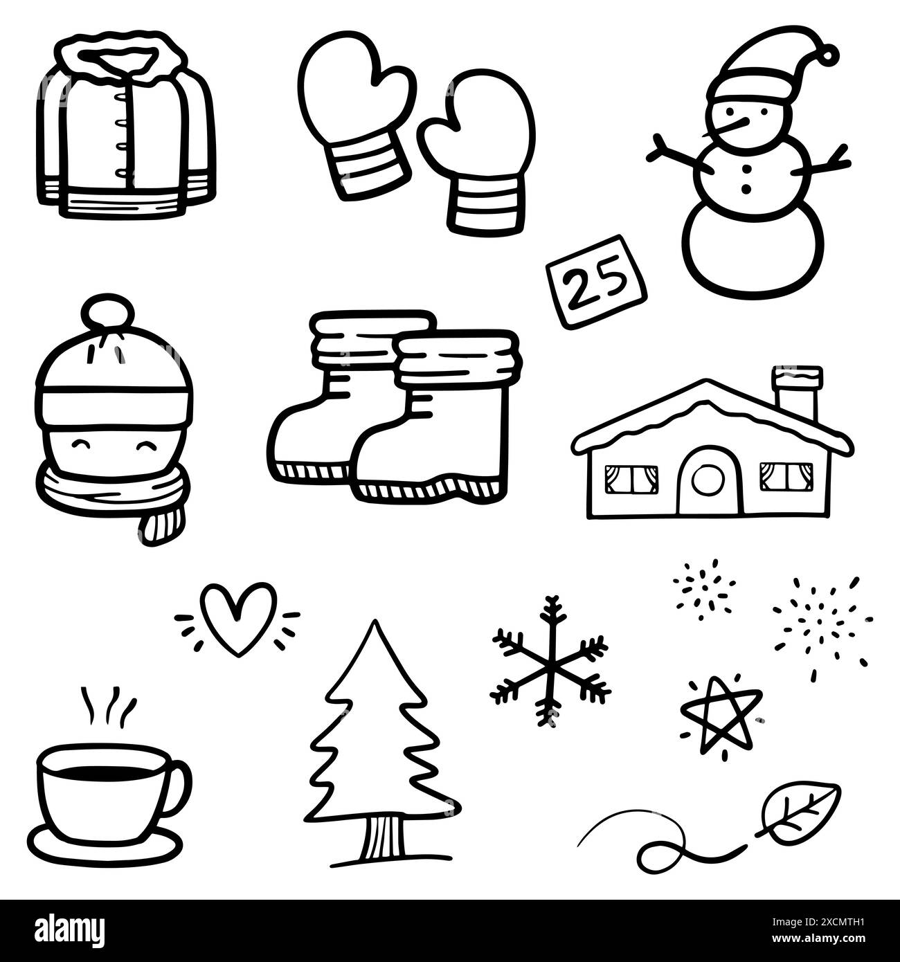 Kritzelabstrakt der Winterthemen in dünner Linie Set umfassen Schneemann, Menschen und Werkzeugsatz Schnee in Vektor Illustration Stock Vektor