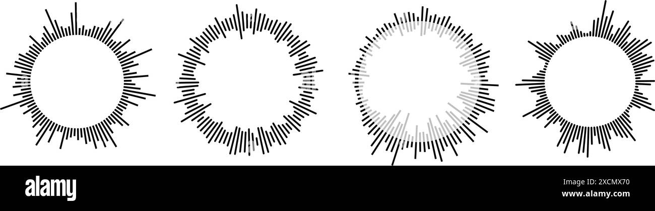 Radial Sound Wave Pattern Kollektion. Rundlautsprecher, Musik- oder Sprachsymbole. Runde, welliges Equalizer-Spektrum-Symbolpaket. Circle Sunburst Bundle. Vektorschwarze Schallwellenelemente Stock Vektor