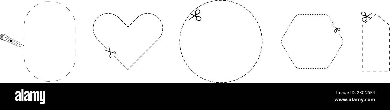 Symbol hier ausschneiden. Set aus Scheren, Schneideform, hier geschnittenes Papier, Symbol mit gepunkteter Linie für Ticket, Gutschein, Aktionscode. Stock Vektor