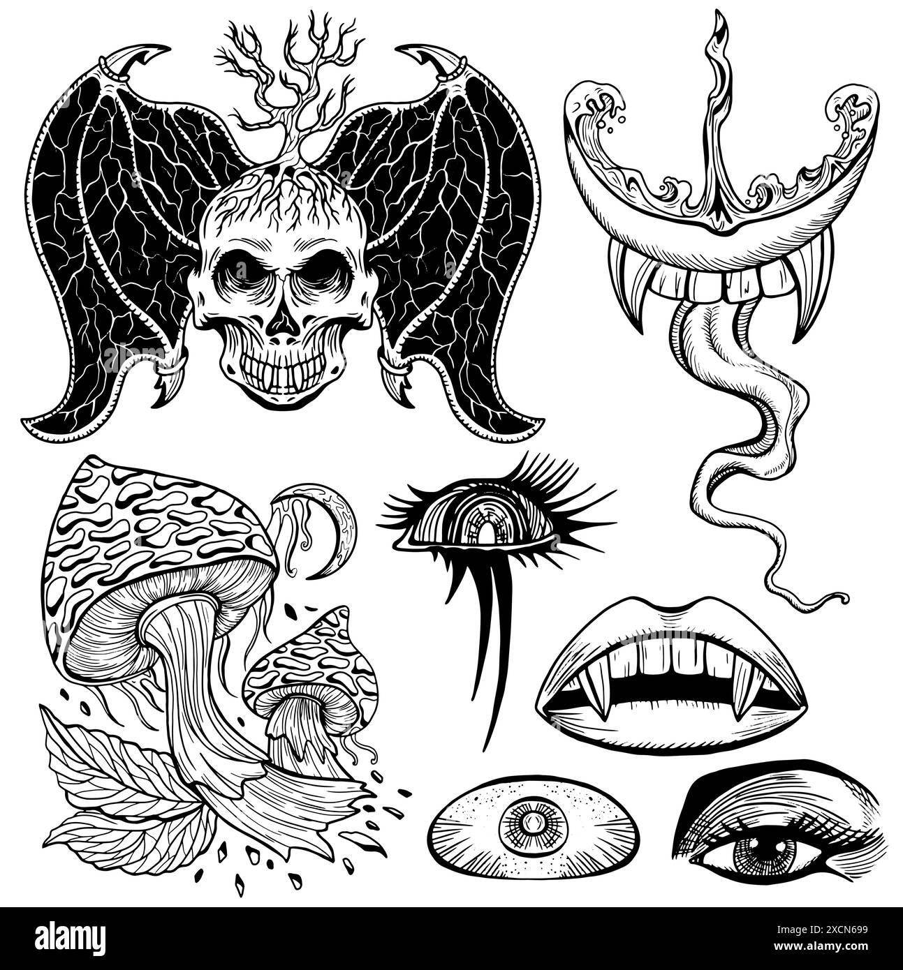 Design-Set mit handgezeichneten mystischen Objekten und Symbolen von gruseligen Dämonenschädel, Zauberpilzen, Vampirlippen und Zähnen, drittes Auge isoliert auf wh Stock Vektor