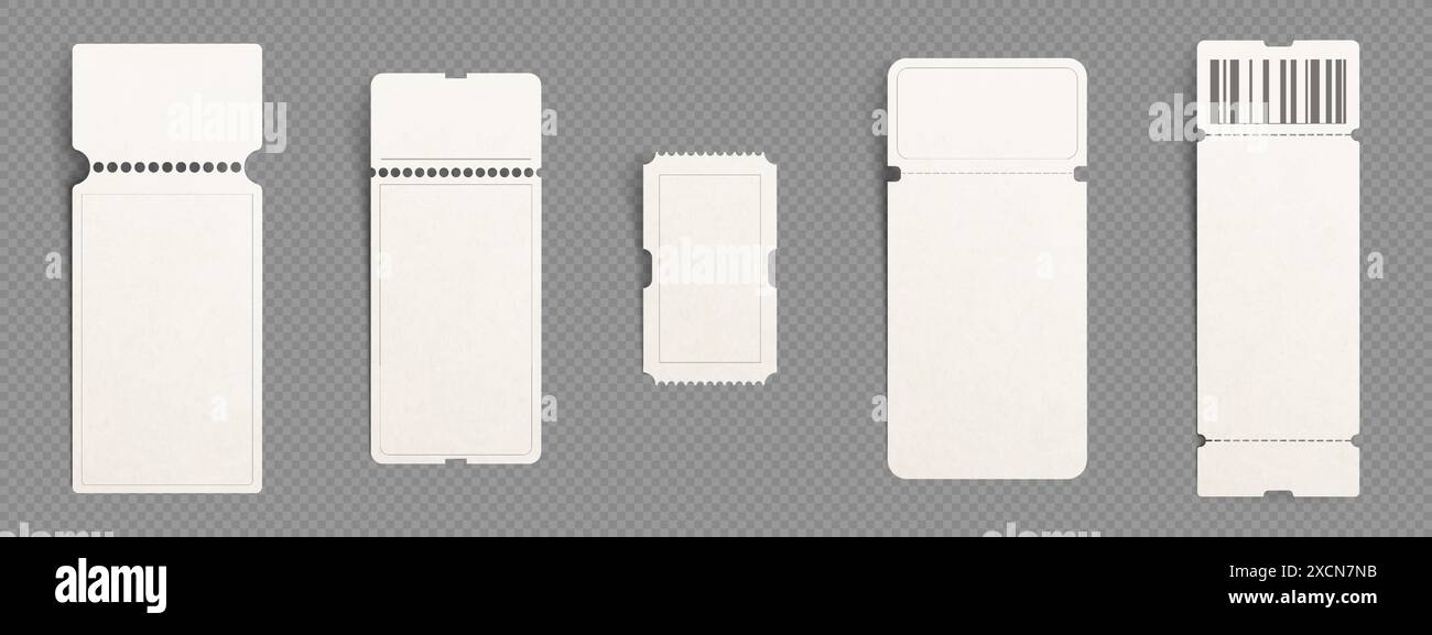 Modell des Coupons oder Tickets für Konzert und Flugzeug mit Papierstruktur, Trennstelle und Barcode. Realistischer 3D-Vektorsatz mit weißer leerer vertikaler Rabatt- oder Lotterieverlosungsgutschablone. Stock Vektor