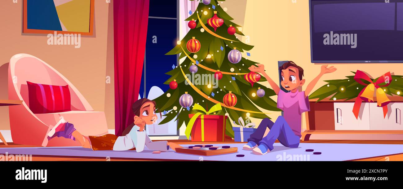 Die Familie feiert Weihnachten mit einer Geschenkbox und einem Baum im Wohnzimmer. Kinderfigur sitzt auf dem Boden neben dem Geschenk und Weihnachtsdekoration in der Wohnung. Lustige Schwester und Bruder reden abends zusammen Stock Vektor
