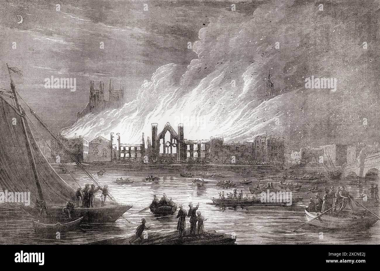 Der Palast von Westminster, der mittelalterliche königliche Palast, der als Sitz des britischen parlaments diente und am 16. Oktober 1834 durch einen Brand weitgehend zerstört wurde. Das Feuer, die meiste Zeit der Nacht wütete, zerstörte einen großen Teil des Palastes sowie die umgebaute St. Stephans Chapel, Versammlungsort des House of Commons, die Lords Chamber, die Painted Chamber und die offiziellen Residenzen des Speakers und des Clerk of the House of Commons. Aus Cassells illustrierter Geschichte Englands. Stockfoto