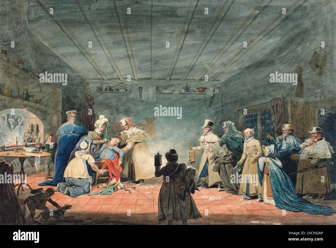 Gastfreundschaft eines Landwirts für Reisende in der Kutsche, die zusammenbrechen ist, 1819, England, Historisch, digitale restaurierte Reproduktion von einer Vorlage aus dem 19. Jahrhundert, Datum nicht angegeben Stockfoto