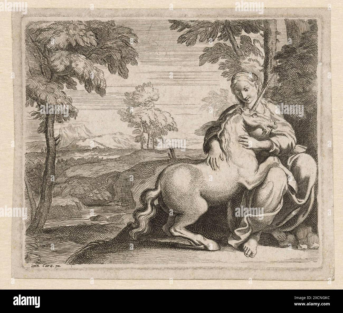 Junge Frau mit einem Einhorn, um 1602, Italien, historisch, digital restaurierte Reproduktion von einer Vorlage aus dem 19. Jahrhundert, Datum nicht angegeben Stockfoto