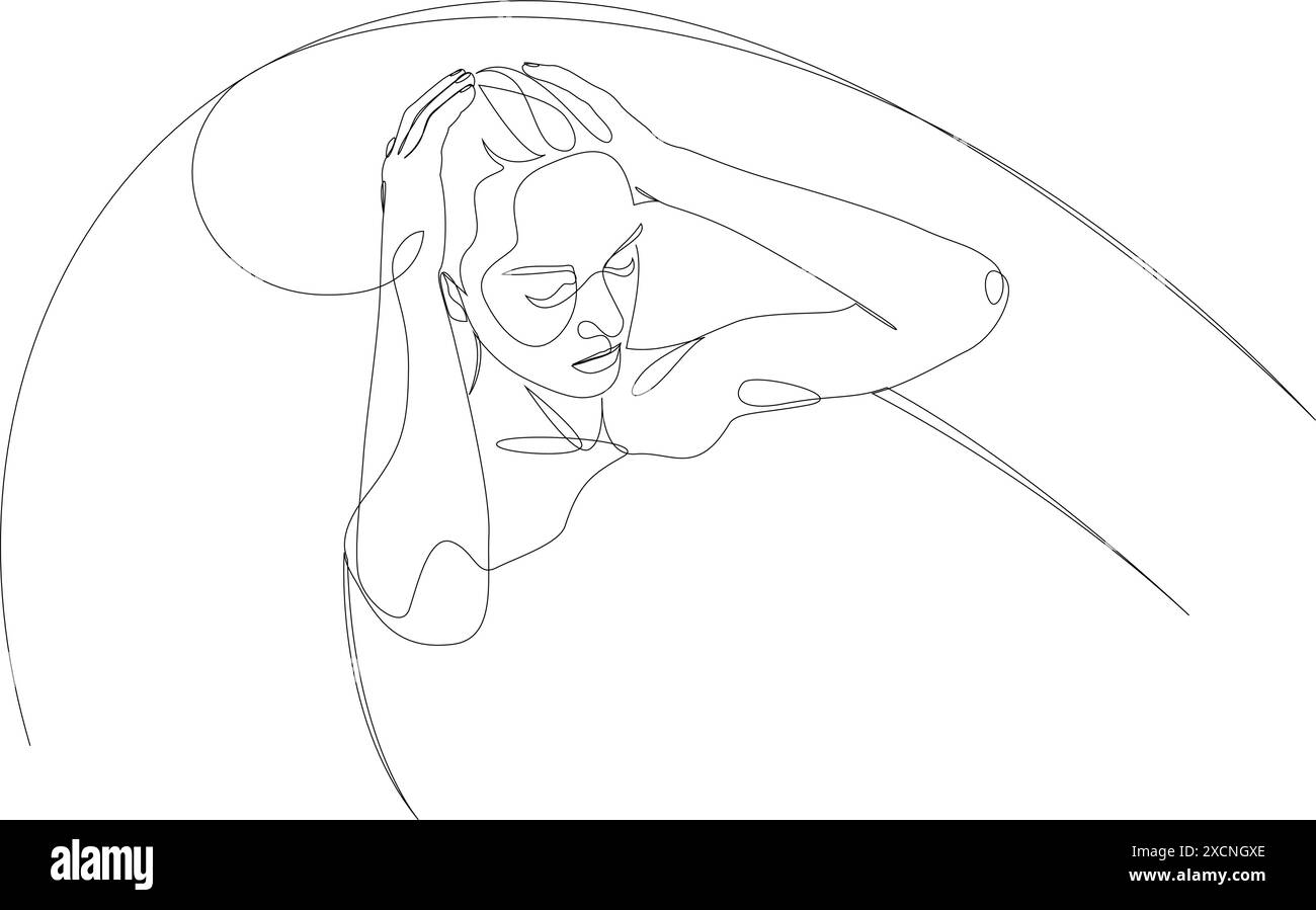 Frau, die ein Spa-Bad nimmt, durchgehend eine Linie zeichnet. Konzept der Schönheitsbehandlungen, Selbstpflege, Sinnesentzug. Vektorabbildung. Bearbeitbare Kontur. Stock Vektor