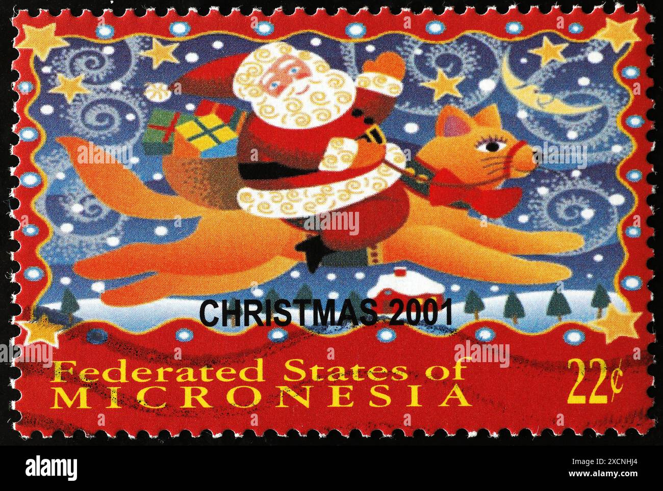Illustration des Weihnachtsmanns, der auf einer Katze auf Briefmarken reitet Stockfoto